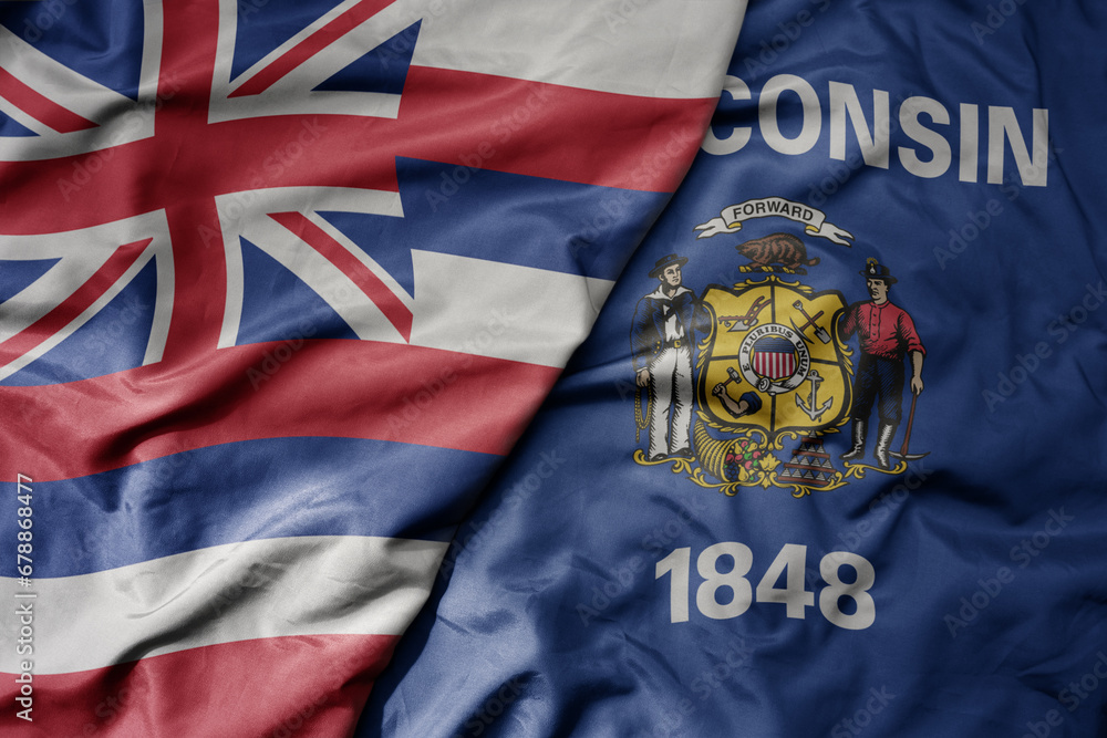 Fototapeta premium big waving colorful national flag of wisconsin state and flag of hawaii state .