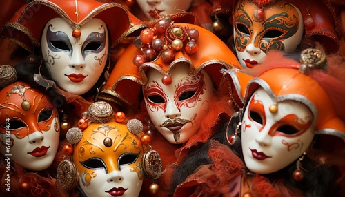 extravagant masquerade ball at venice carnival with ornate masks and colorful costumes