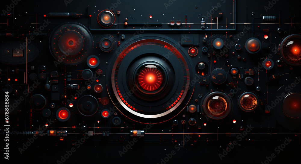 Fototapeta premium black and red abstract high-tech design background, futuristic geometric wallpaper, dark technology surface with round red glowing elements