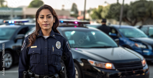 Woman working as police officer or cop, closeup portrait, blurred vehicle and city background. Generative AI