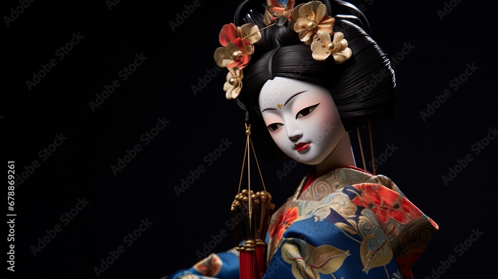 Traditional Japanese girl puppet doll wearing classic red floral kimono posing reaching out on black background with copy space.