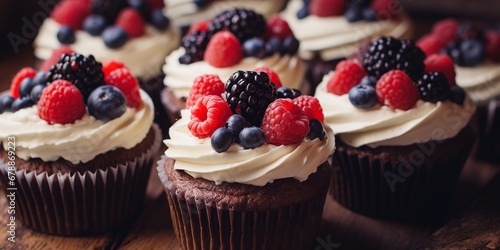Chocolate cupcakes with cream cheese frosting and fresh berries, lovely and delicious dessert snack background.