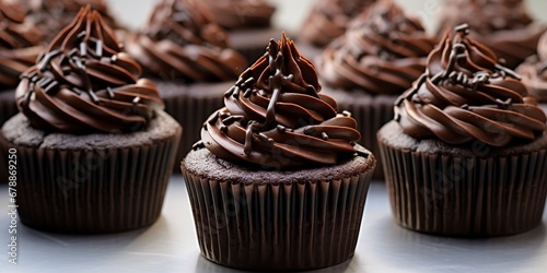 Dark chocolate cupcakes with chocolate frosting on dark wooden background, delicious homemade cupcakes.