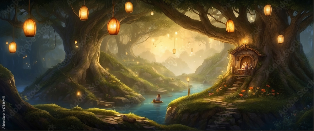 A whimsical, pocket-sized world nestled within the hollow of an ancient tree, inhabited by miniature creatures living in harmony with glowing plants and firefly lanterns - AI Generative
