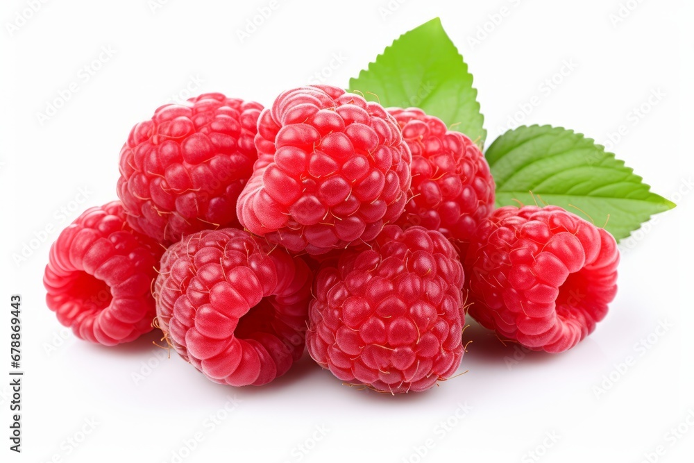 Fresh and appetizing raspberries with vibrant green leaves isolated on a pristine white background Fresh and appetizing raspberries with vibrant green leaves isolated on a pristine white background