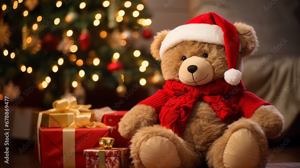 Cute Christmas teddy bear sitting on holidays gift boxes piles under Xmas Tree on shiny warm celebration home background, with copy space. Cute Christmas teddy bear sitting on holidays gift boxes piles under Xmas Tree on shiny warm celebration home background, with copy space.