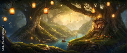 A whimsical, pocket-sized world nestled within the hollow of an ancient tree, inhabited by miniature creatures living in harmony with glowing plants and firefly lanterns - AI Generative © Being Imaginative