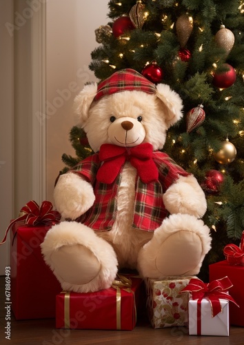 Cute Santa Claus Teddy bear with festively decoration sitting under shiny Christmas Tree at home, Merry Christmas background with copy space, Vertical photo for greeting cards.