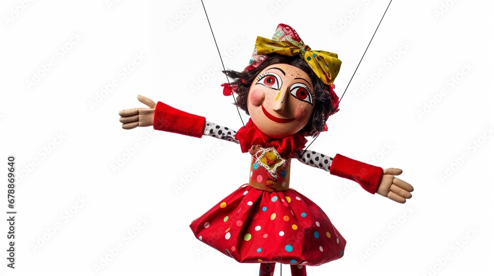 Cute puppet girl princess in red dress isolated on white background