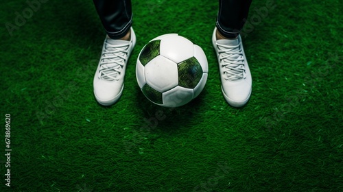 Soccer football background. Soccer ball and pair of football sports shoes on artificial turf soccer field Top view
