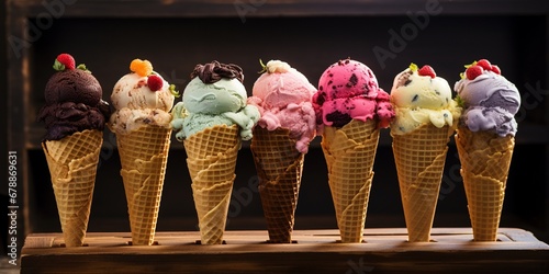 Set of various ice cream scoops in waffle cones array on wooden background photo