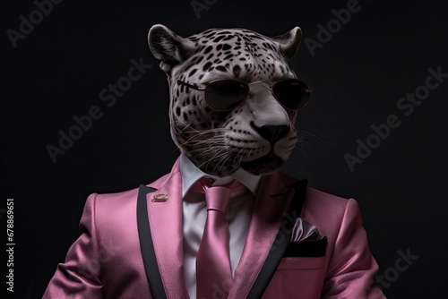 Cheetah dressed in an elegant modern pink suit with a nice tie. Fashion portrait of an anthropomorphic animal  feline  posing with a charismatic human attitude