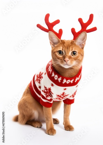 Cute adorable ginger cat wearing Santa's reindeer antlers and red Christmas costume sitting isolated on white background, merry Christmas funny animal studio shot, Postcard with a pet for the new year