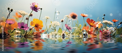 lush meadow the vibrant flora showcased a variety of colorful blossoms their herbaceous stems reaching towards the sun while nearby a glass filled with water nurtured a delicate bouquet of f photo