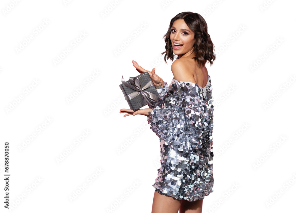 Beautiful happy woman wearing sparkle dress with gift box at celebration party. New Year eve celebrating concept. Isolated on transparent