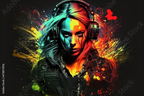 Portrait of a punk girl with headphones and colorful splashes