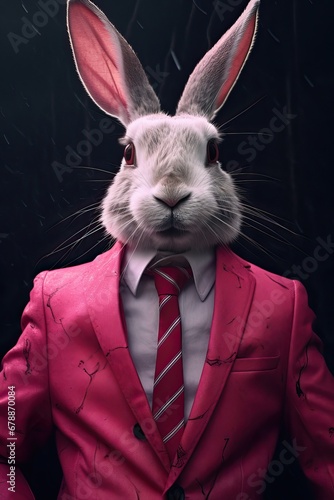 Rabbit dressed in an elegant modern pink suit, tie and glasses. Fashion portrait of an anthropomorphic animal posing with a charismatic human attitude © Eli Berr