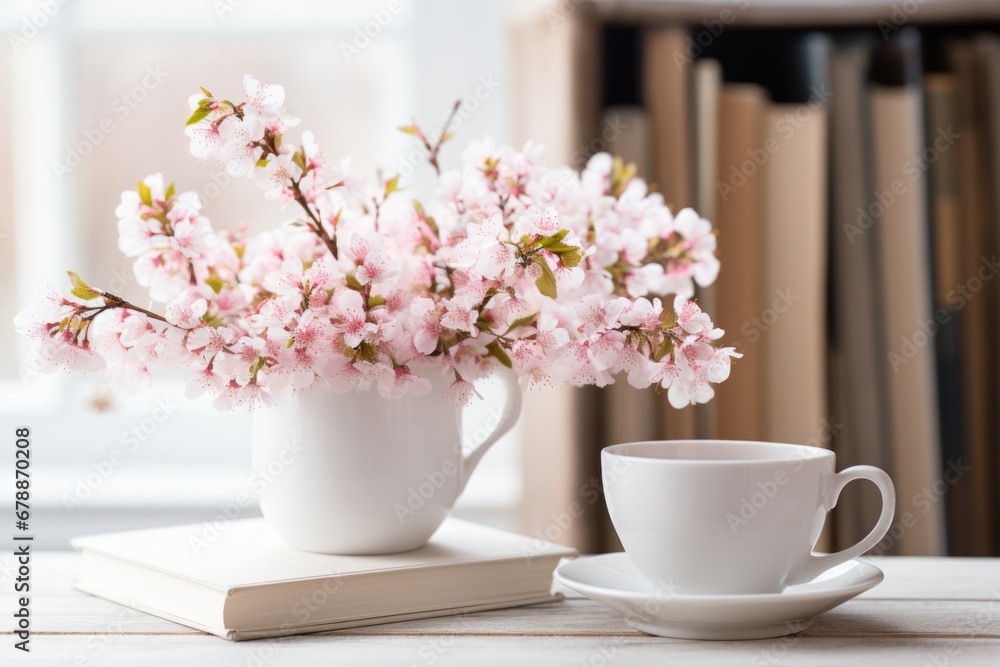 Relaxing and serene white coffee cup and book on a table, creating a peaceful spring mood Relaxing and serene white coffee cup and book on a table, creating a peaceful spring mood
