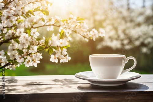 Embracing the tranquil essence of spring a white cup of coffee and a captivating book