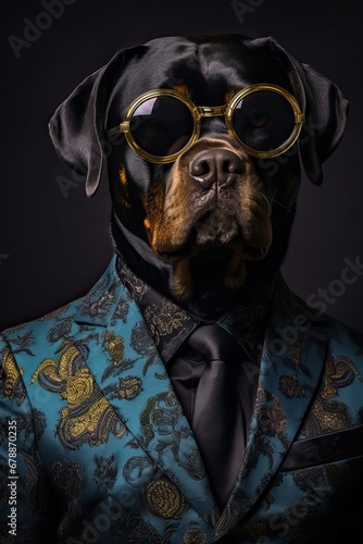 Dog Rottweiler dressed in an elegant suit with a nice tie. Fashion portrait of an anthropomorphic animal posing with a charismatic human attitude