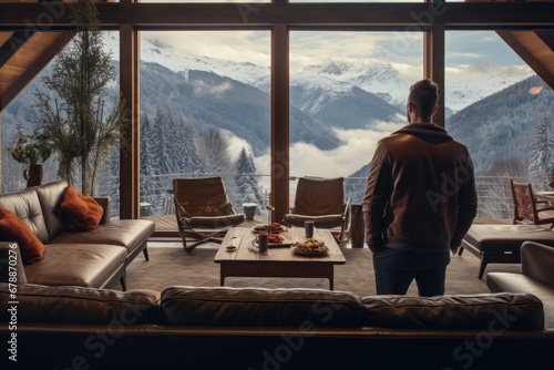 Traveler enjoying weekends inside contemporary barn house in the mountains. Happy tourist looking through panoramic windows in new cottage. comeliness © Summit Art Creations