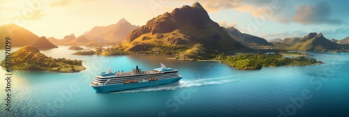 Aerial view of cruise ship sailing through stunning south seascape with paradise islands