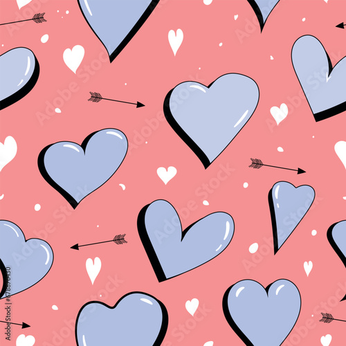 blue original hearts ornament seamless pattern on pink background, romantic, valentine day print