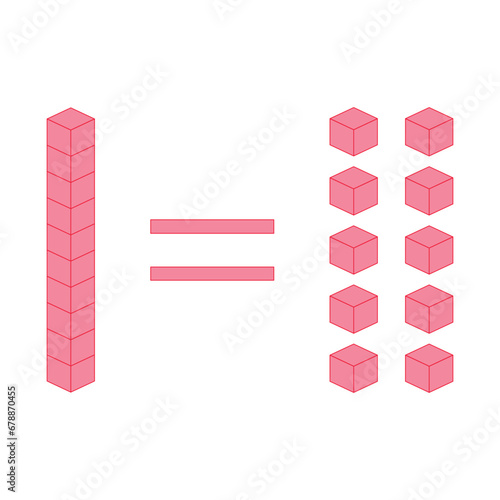 Ten units equal one rod. Learning about base ten blocks. Flats longs squares in mathematics. Scientific resources for teachers and students. Vector illustration.