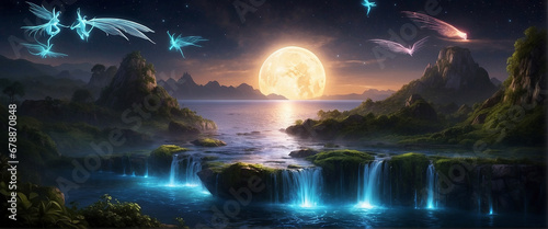 An awe-inspiring scene of a floating, bioluminescent island where majestic winged creatures soar through the sky, and waterfalls of liquid stardust cascade into pools of shimmering moonlight - AI Gene