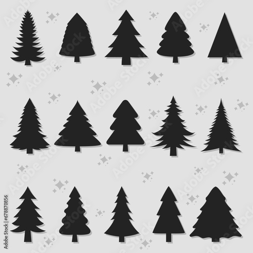 Big set collection of vintage style decorated christmas tree icons for winter holidays design.