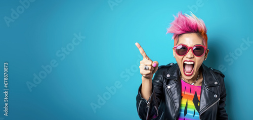 Young woman with colourful dyed hair, sunglasses,  cheeky attitude, smiling and pointing finger up to side. Wide banner, copy space. Generative AI photo