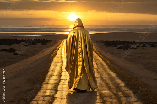 Priest in a golden robe walking on a lonely road towards the ocean in the sunset. Godly light falling on the road, holy path. AI generated.