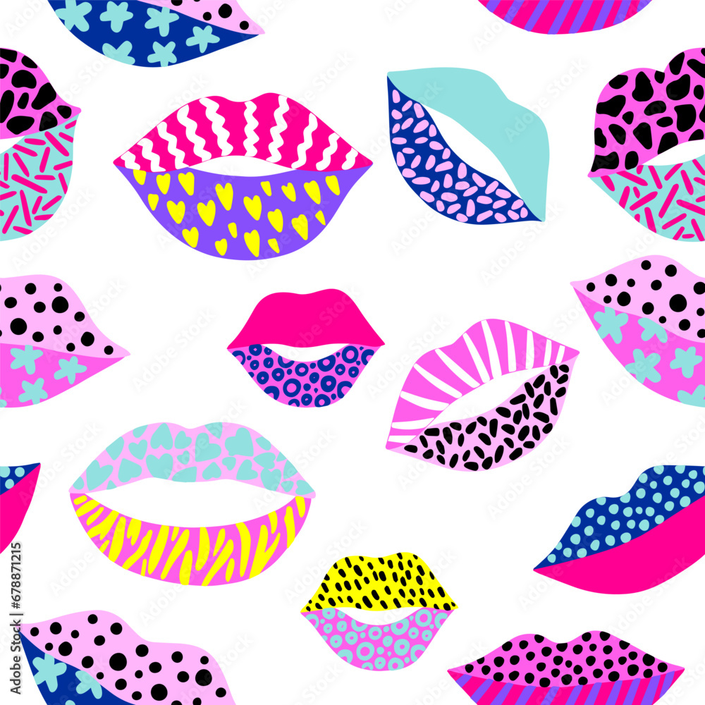 Bright seamless pattern with colourful lips. Texture background. Wallpaper for teenager girls. Women's fashion style