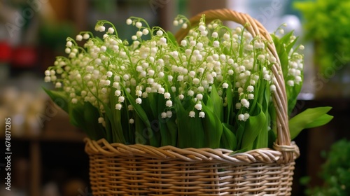 Lily of the valley in a wicker basket on a blurred background. Convallaria majalis. Springtime Concept. Mothers Day Concept with a Copy Space. Valentine's Day.