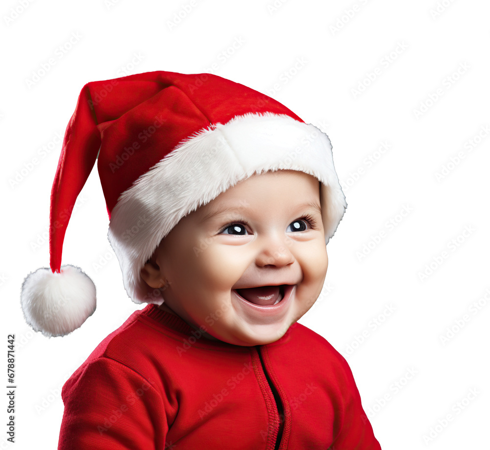 Happy baby wearing a Santa Claus hat isolated over transparent background. Happy baby wearing a Santa Claus hat isolated over transparent background.