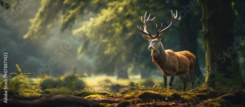 In the vast meadow of the park a majestic stag peacefully grazes on the lush grass of the wildlife habitat surrounded by the beauty of nature and the serene sounds of the outdoor farm
