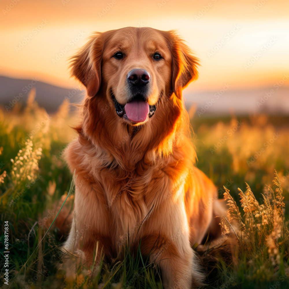 close-up portrait of a red dog golden retriever labrador against a background of a beautiful sky. AI generated.