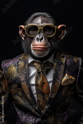 Monkey chimpanzee dressed in an elegant suit with a nice tie. Fashion portrait of an anthropomorphic animal, chimpanzee, posing with a charismatic human attitude