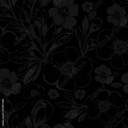 Monochrome floral print on black. Dark seamless background. Sakura Japanese Cherry Blossoms. hand drawing. Not AI, Vector illustration