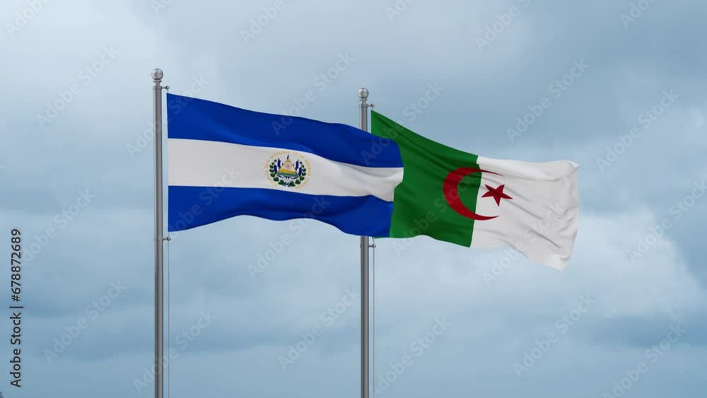 El Salvador flag and Algeria flag waving together on cloudy sky, endless seamless loop El Salvador flag and Algeria flag waving together on cloudy sky, endless seamless loop