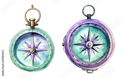Сamping compass winter watercolor clipart illustration with isolated background.