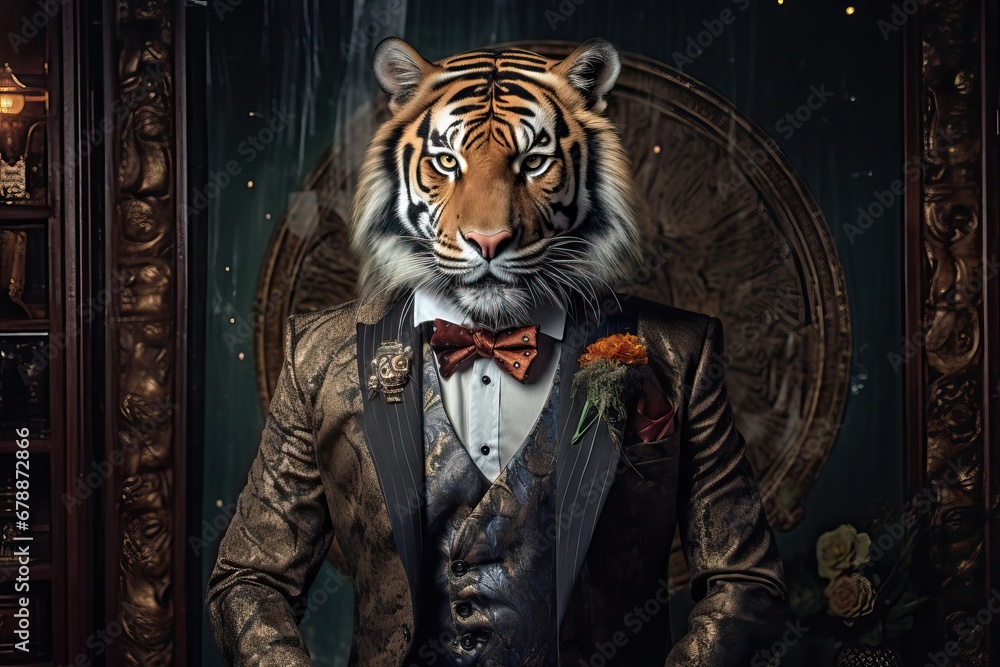 Tiger dressed in an elegant modern suit with a nice tie. Fashion portrait of an anthropomorphic animal, feline, posing with a charismatic human attitude - obrazy, fototapety, plakaty 