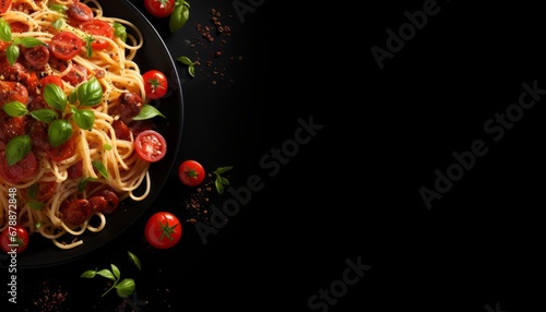 Fototapeta Naklejka Na Ścianę i Meble -  Top view of dark plate with italian spaghetti pasta, copy space on the left for text placement
