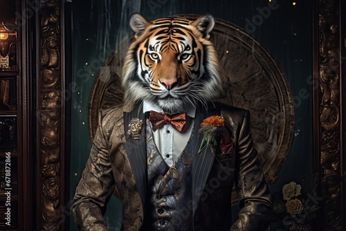 Tiger dressed in an elegant modern suit with a nice tie. Fashion portrait of an anthropomorphic animal, feline, posing with a charismatic human attitude photo