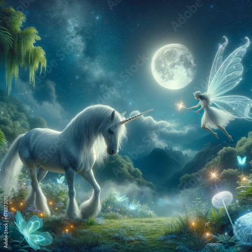 Fairy and Unicorn in Mystic Forest Moonlit Enchantment