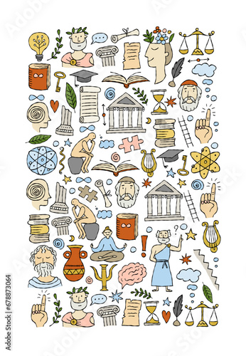 Philosophy concept art, hand-drawn philosophers and elements. Vertical card, background for your design in flat style