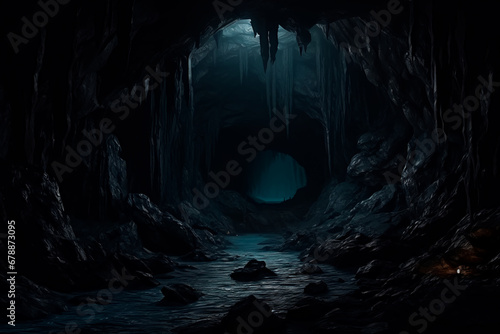 Creepy black cave in the middle of the forest. Eerie atmosphere inside the dark cave. Beams of light piercing through the darkness of the cave #678873095