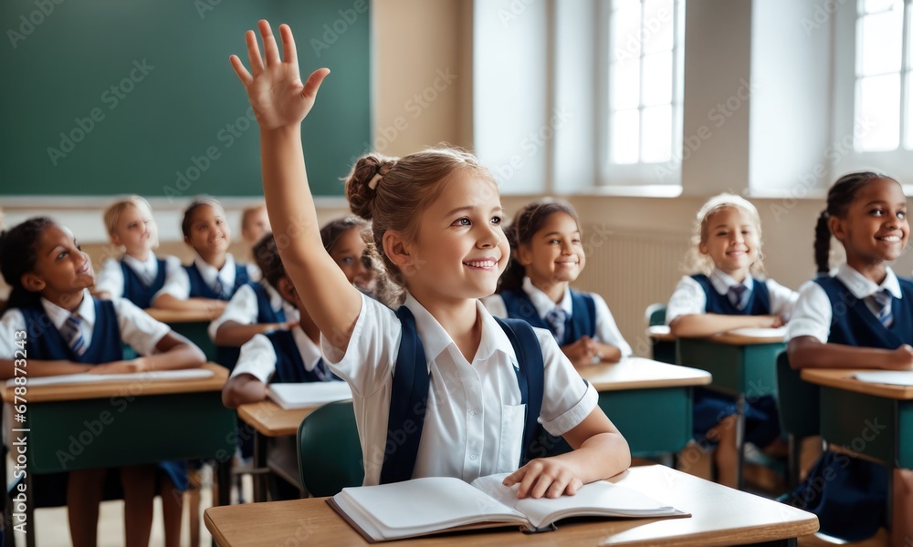Smiling smart girl elementary school student rising hand to answer teacher question sitting at desk on lesson in classroom. She smiling looking at camera. Education process in class, primary school. Smiling smart girl elementary school student rising hand to answer teacher question sitting at desk on lesson in classroom. She smiling looking at camera. Education process in class, primary school.