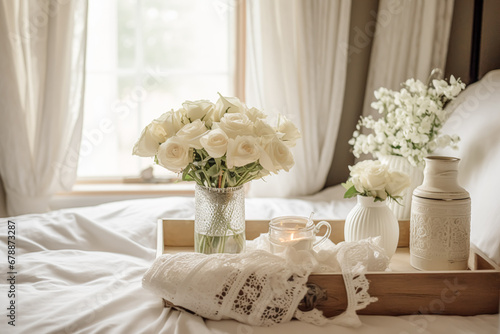 Wedding gifts and flowers in an elegant white bedroom  generative ai