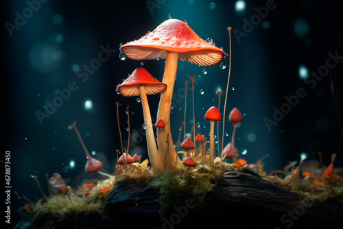 Different types of glowing mystical mushrooms, fantasy mushroom forest with bokeh